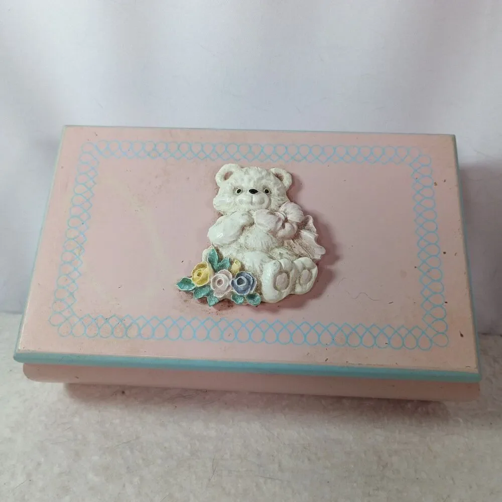 Vintage Pink Wooden Jewelry Box Teddy Bear Flowers Mirror Girls Keepsake Box